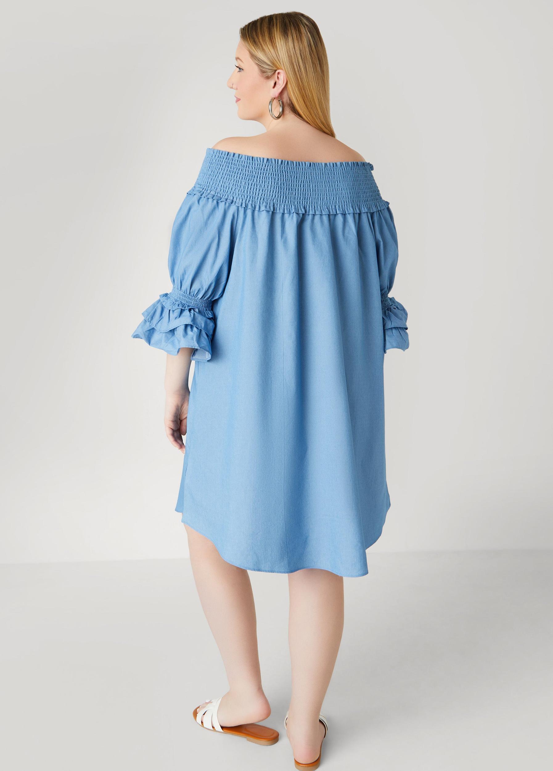 Plus Size Off The Shoulder Chambray Dress Ashley Stewart Product Image