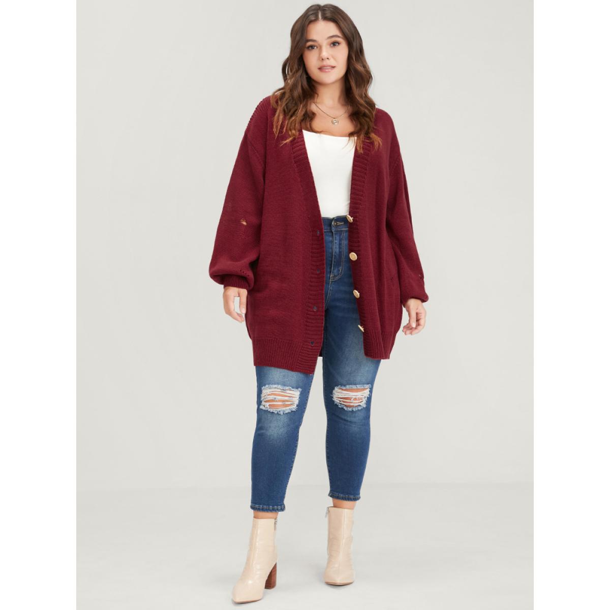 Plus Size Solid Pointelle Knit Distressed Button Front Mid Long Cardigan Scarlet Women Elegant Loose Long Sleeve Dailywear Cardigans BloomChic 12/L Product Image