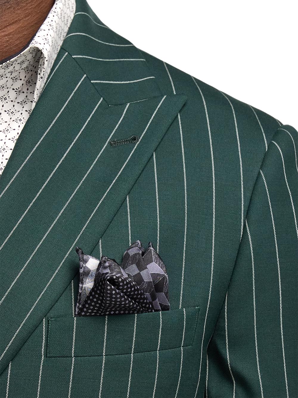 Wool Stretch Stripe Double Breasted Peak Lapel Suit Jacket - Dark Green Product Image