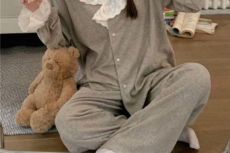 Loungewear Set : Long-Sleeve Lace Trim Shirt + Pants Product Image