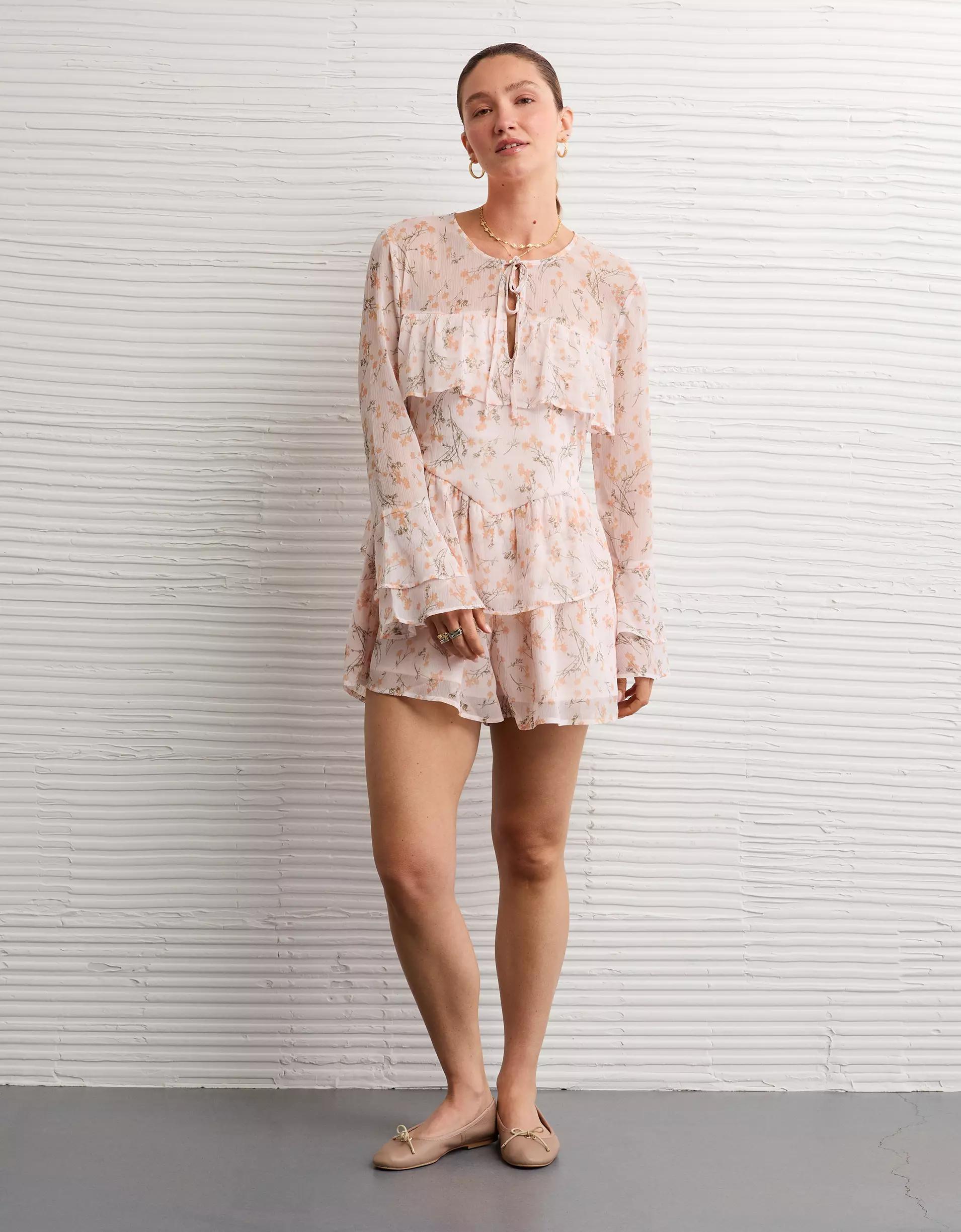 AE Long-Sleeve Ruffle Romper Product Image