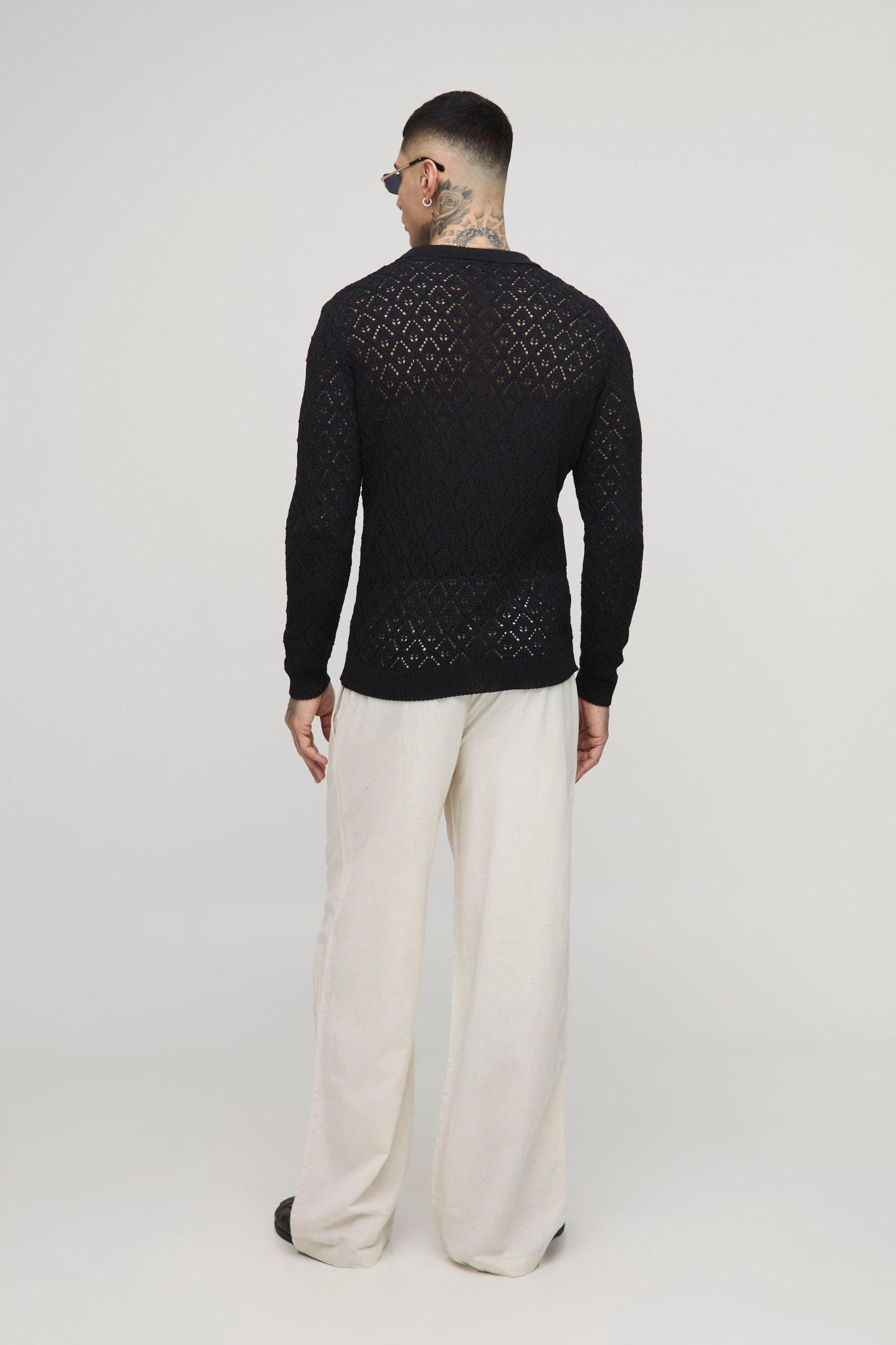 Tall Regular Fit Crochet Long Sleeve Polo Shirt | boohooMAN USA Product Image