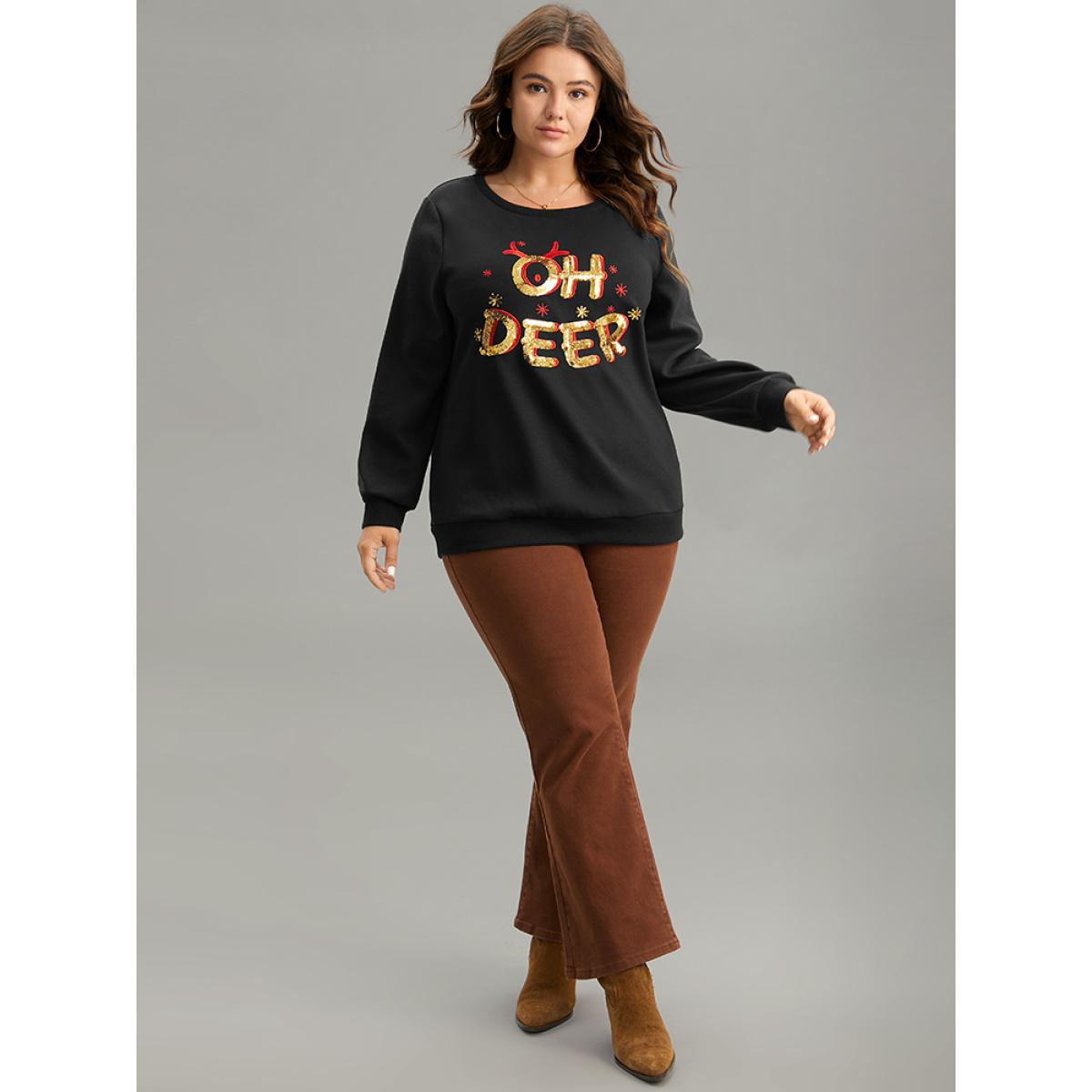Plus Size Christmas Letter Print Sequin Embroidered Sweatshirt Women Black Casual Sequin Festival-Christmas Sweatshirts BloomChic 30/6X Product Image