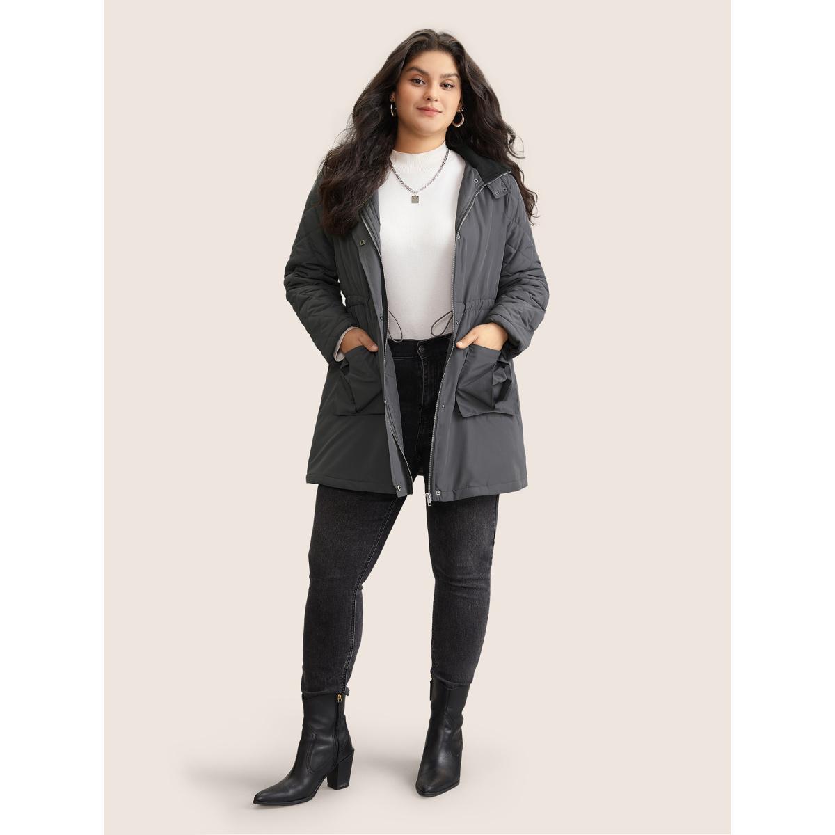 Plus Size Solid Flap Detail Elastic Waist Quilted Coat Women DimGray Casual Lined Ladies Dailywear Winter Coats BloomChic 26/4X Product Image