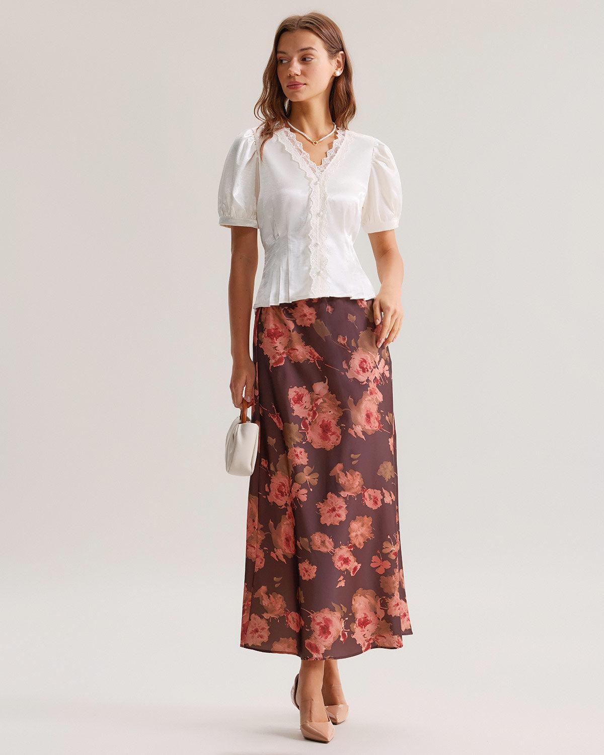 Brown Floral Straight Midi Skirt Product Image