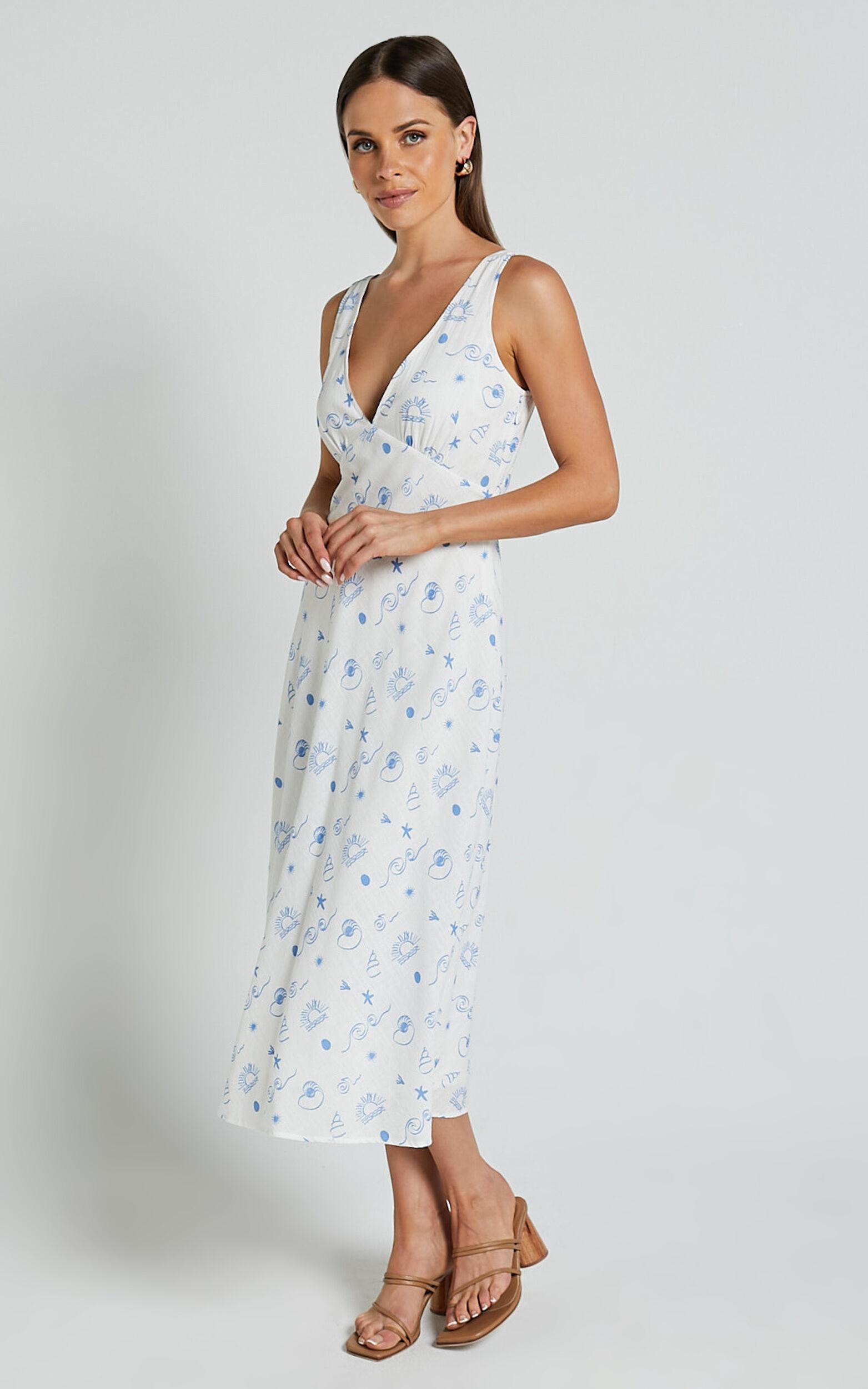 Becca Midi Dress - Ruched Bust Sleeveless V Neck Dress in Blue Print Product Image
