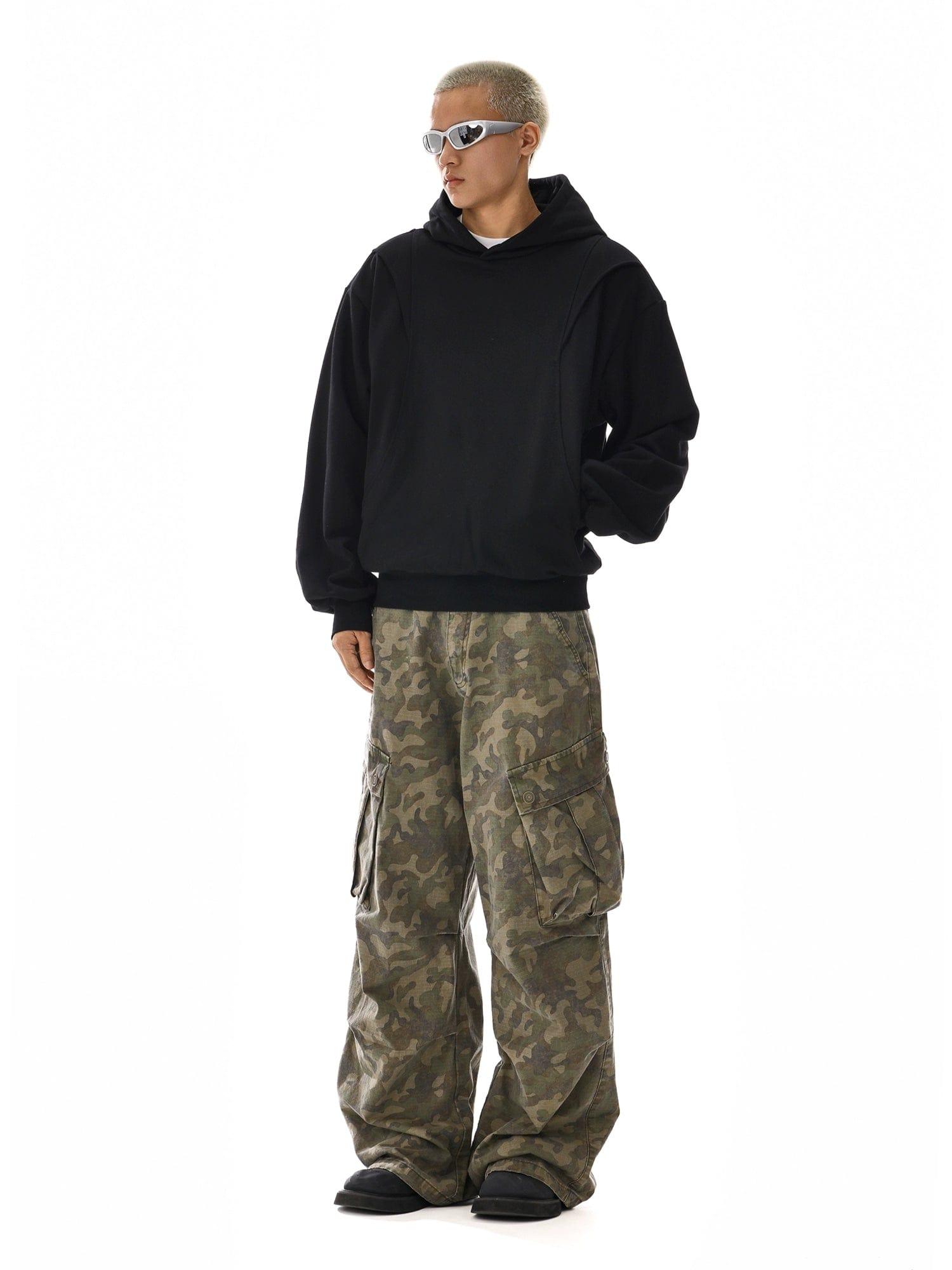 RT No. 12118 BLACK RECONSTRUCTED PULLOVER HOODIE Product Image