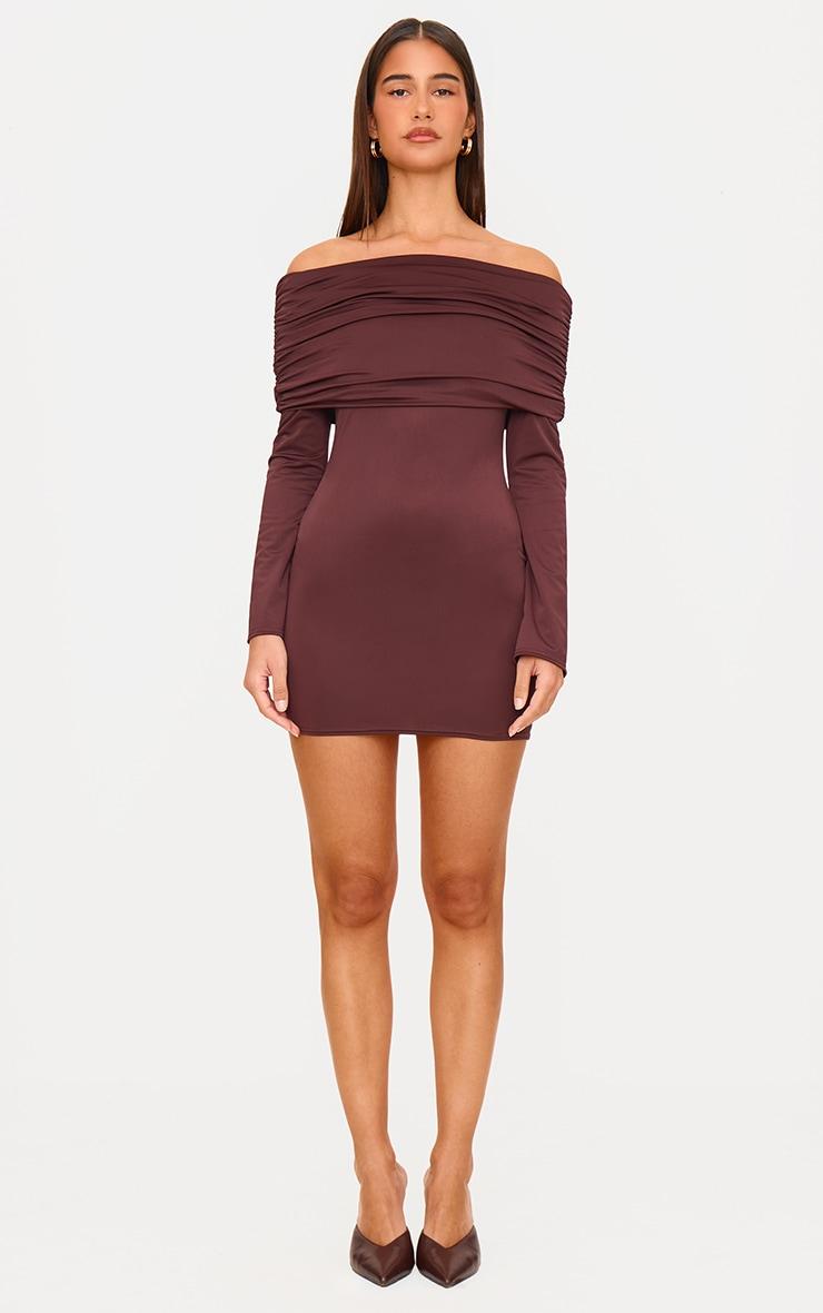 Chocolate Matte Sculpt Double Layer Foldover Bardot Long Sleeve Mini Dress Product Image