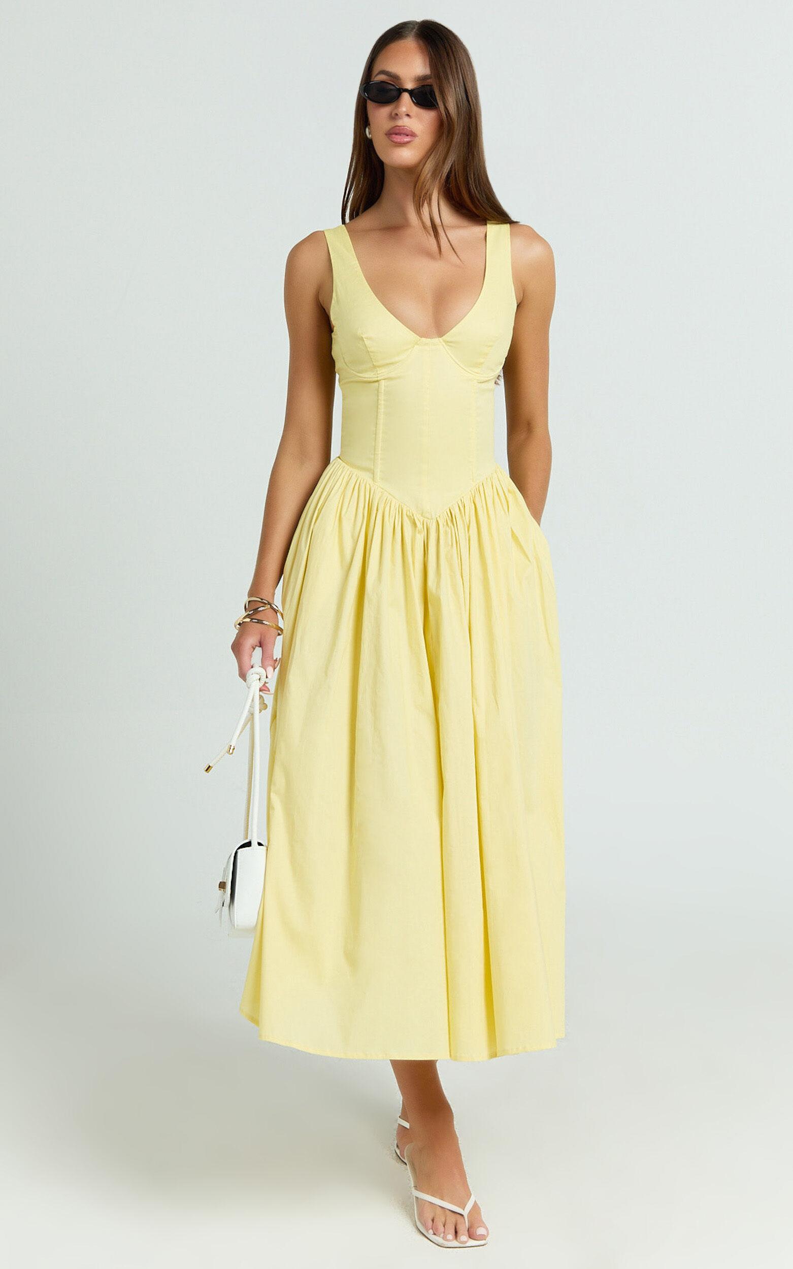 Beckett Midi Dress - Scoop Neck Drop V Waist Gathered Skirt Dress in Butter Yellow Product Image