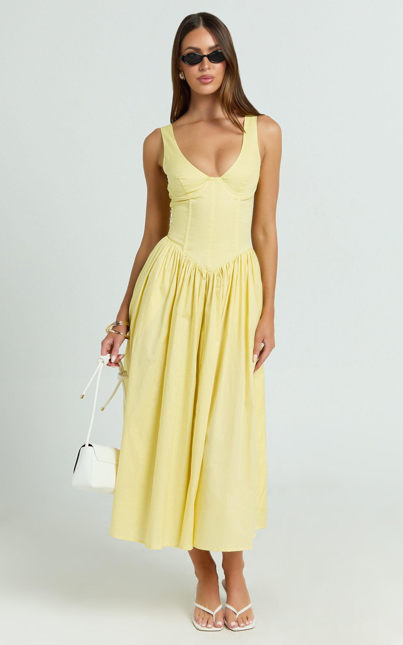 Beckett Midi Dress - Scoop Neck Drop V Waist Gathered Skirt Dress in Butter Yellow Product Image