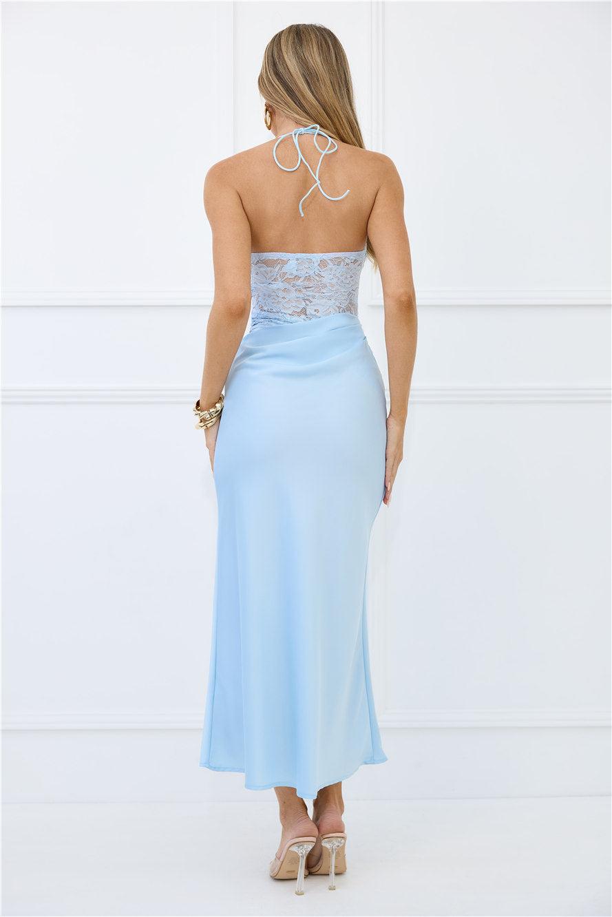 Radiate Positivity Halter Lace Maxi Dress Blue Product Image