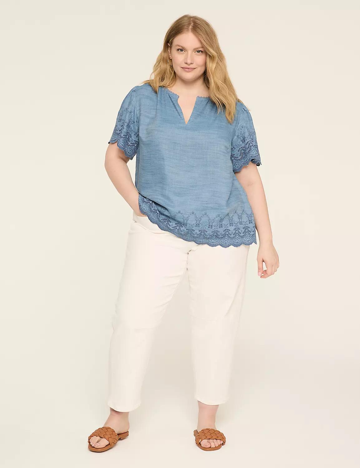 Notch-Neck Embroidered Denim Popover Top Product Image