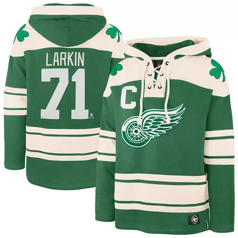 Men's '47 Dylan Larkin Kelly Green Detroit Red Wings St. Patrick's Day Player Name & Number Lacer Pullover Hoodie,  Product Image