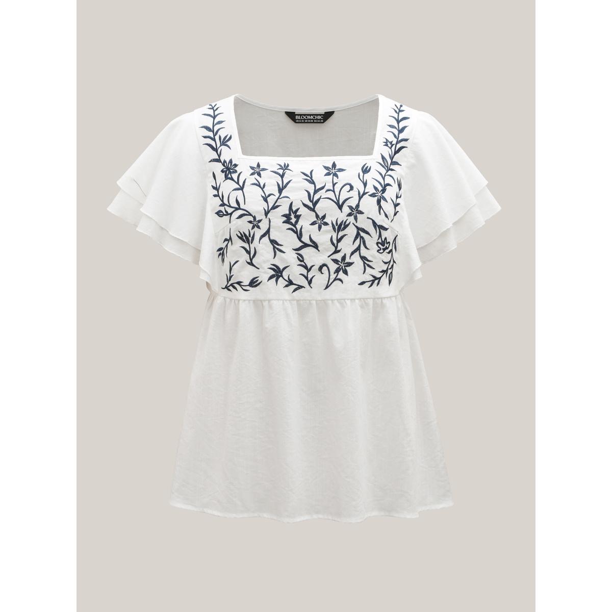 Plus Size Originalwhite Embroidered Layered Flutter Sleeve Blouse Women Resort Cap Sleeve Square Neck Vacation Blouses BloomChic 12/L Product Image