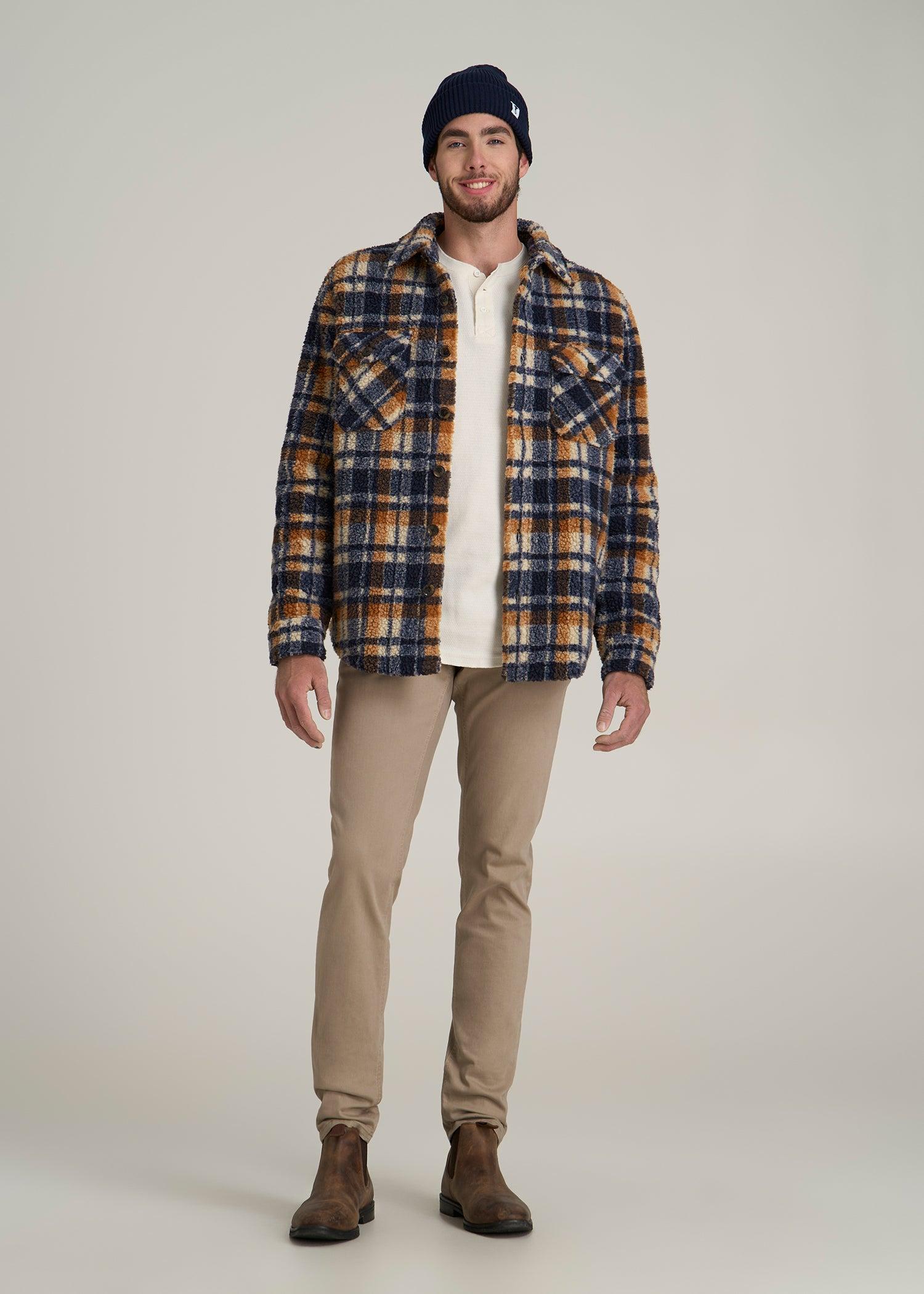 Sherpa Shirt Jacket for Tall Men in Dark Blue and Orange Plaid Male Product Image
