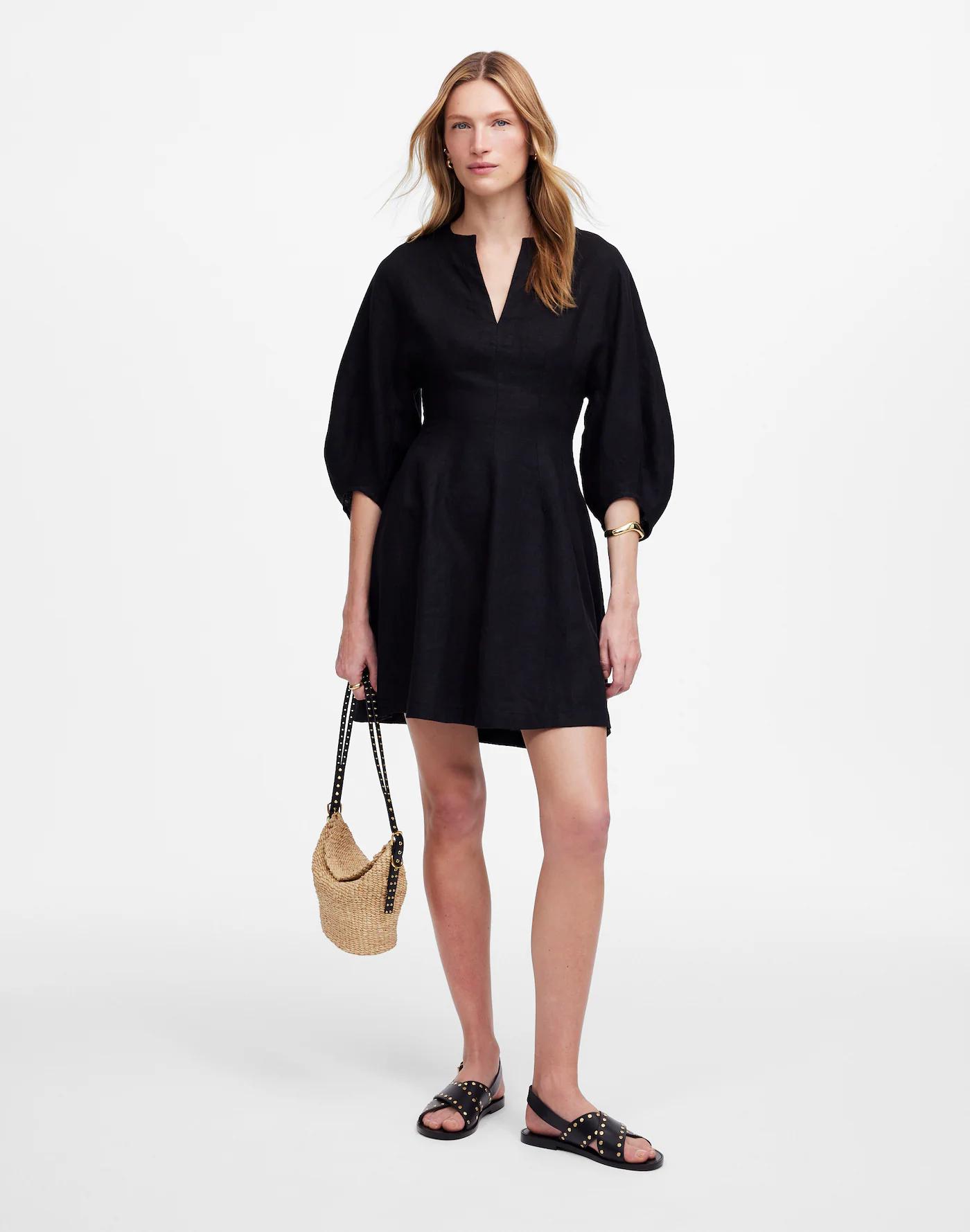 Splitneck Mini Dress in 100% Linen Product Image