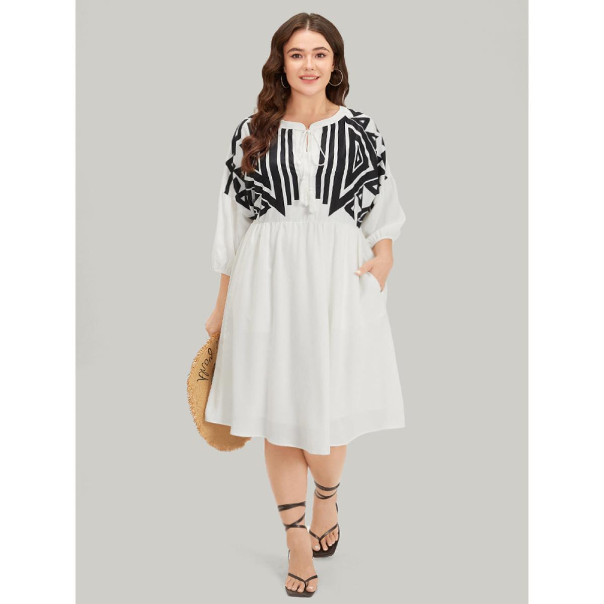 Plus Size Geometric Print Notched Ties Tassels Elastic Cuffs Dress White Women Vacation Elastic cuffs Notched collar Elbow-length sleeve Curvy Midi Dress BloomChic 30/6X Product Image