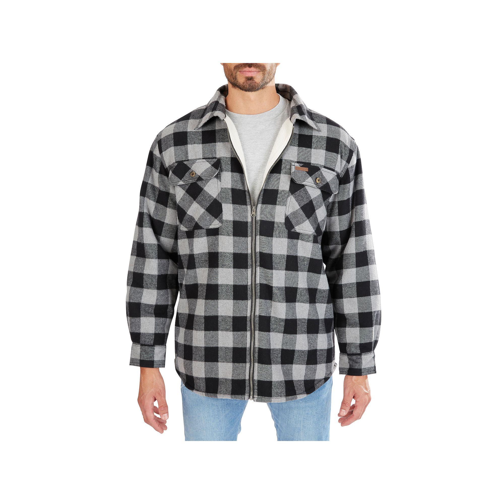 Men's Smith's Workwear Zip-Front Sherpa-Lined Flannel Shirt Jacket, Size: Medium, Stone Black Product Image