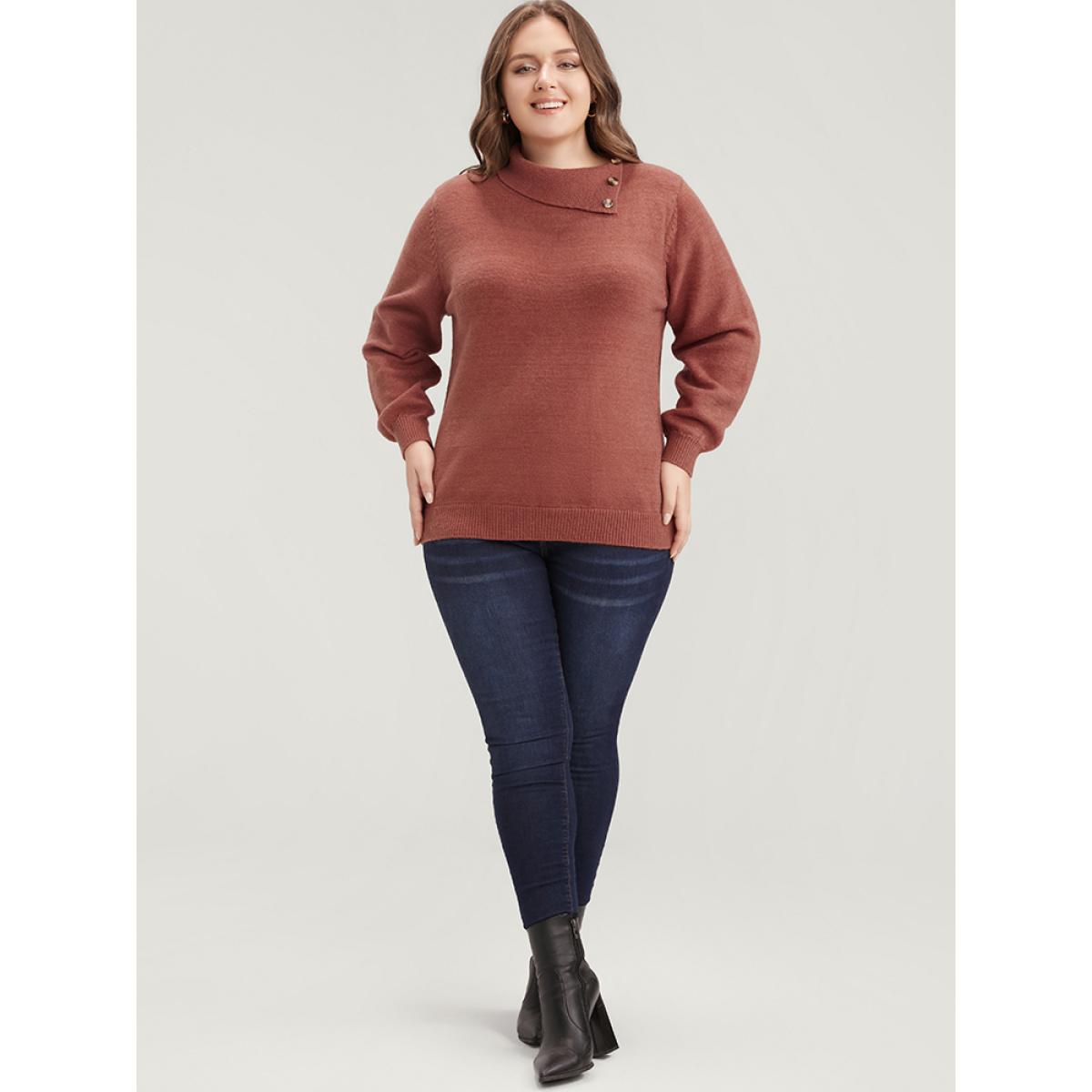 Plus Size Solid Super Soft Plush Knit Button Detail Asymmetrical Knit Top Rust Women Casual Loose Long Sleeve Dailywear Pullovers BloomChic 28/5X Product Image