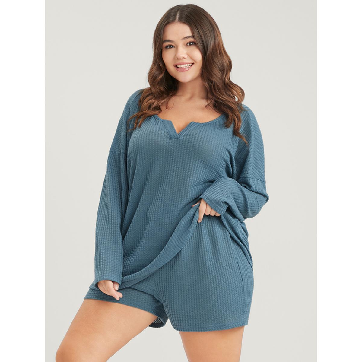 Plus Size Solid Notched Waffle Knit Pajama Set Women Cerulean Plain Plain Long Sleeve Notched collar Casual Loungewear Sets BloomChic 22-24/3X Product Image