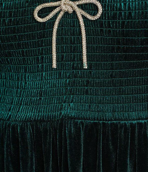 Midnight Doll Burnout Velvet Rhinestone Bow Front Long Sleeve A-Line Dress Product Image