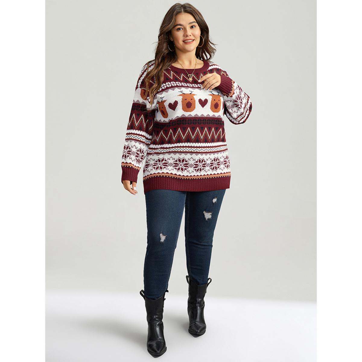 Plus Size Christmas Geometric Round Neck Pullover Scarlet Women Casual Long Sleeve Round Neck Festival-Christmas Pullovers BloomChic 14-16/1X Product Image