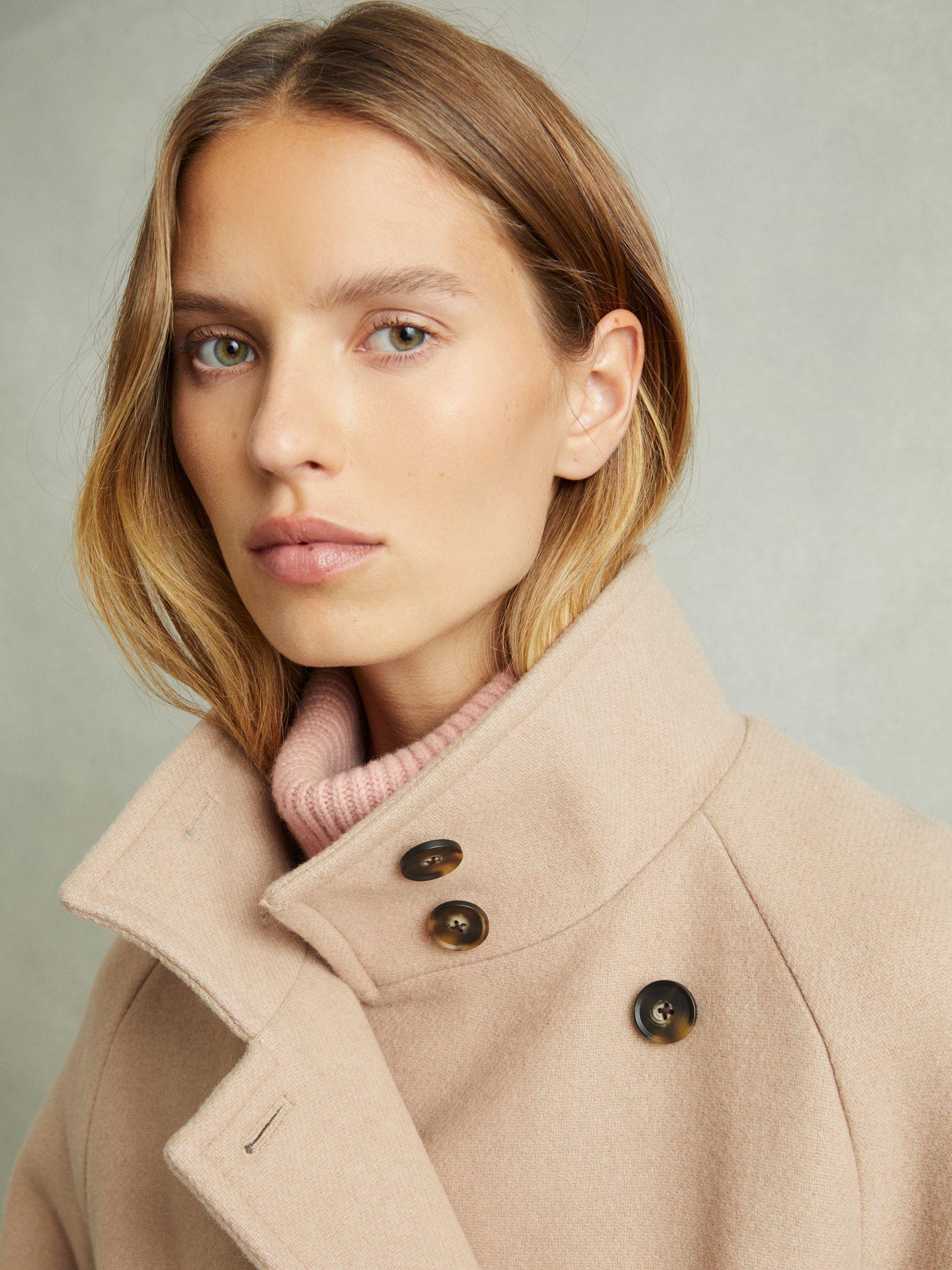 Wool Blend Double Breasted Funnel Neck Coat in Neutral Product Image
