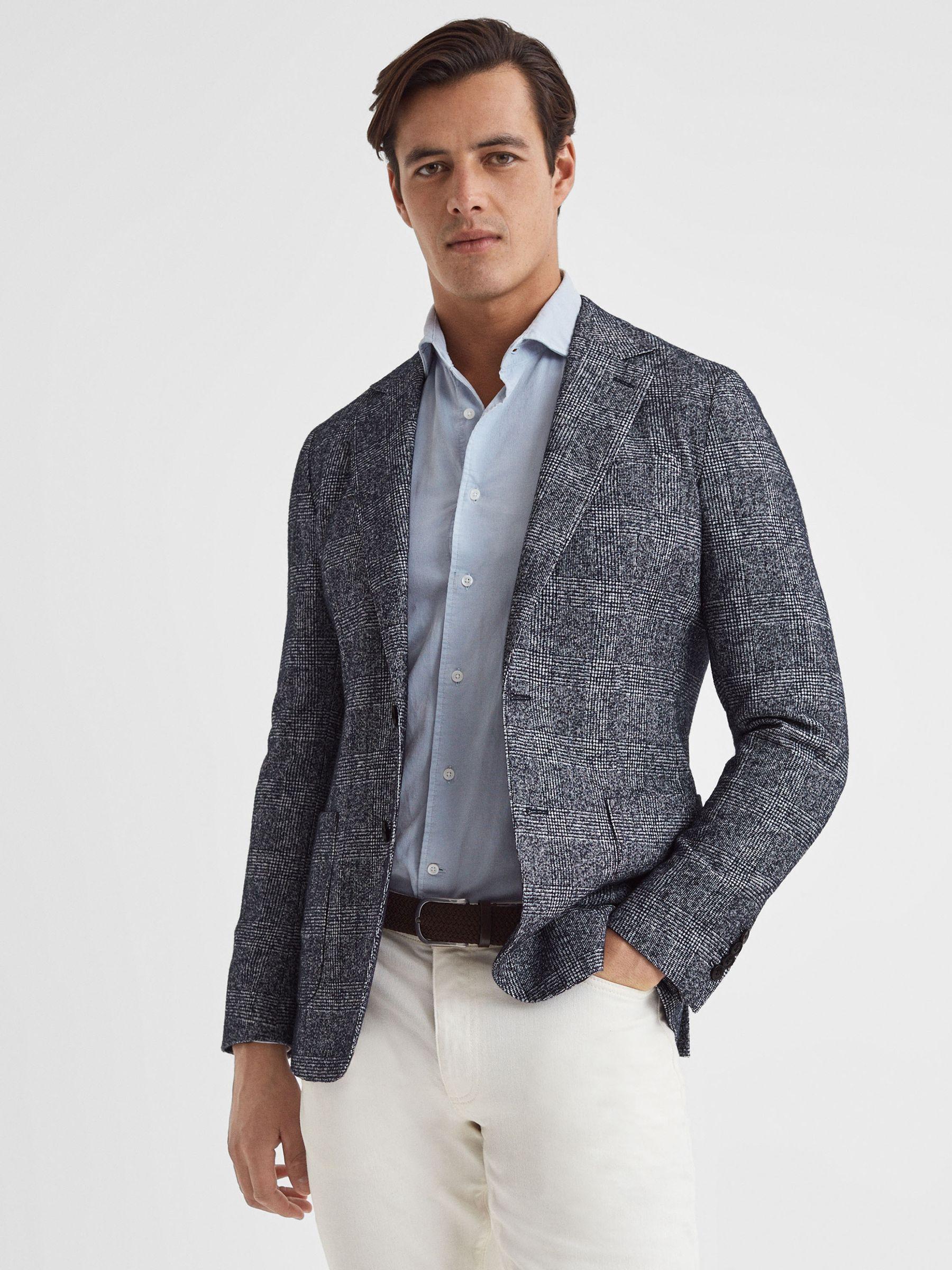 Slim Fit Single Breasted Check Blazer in Navy Product Image