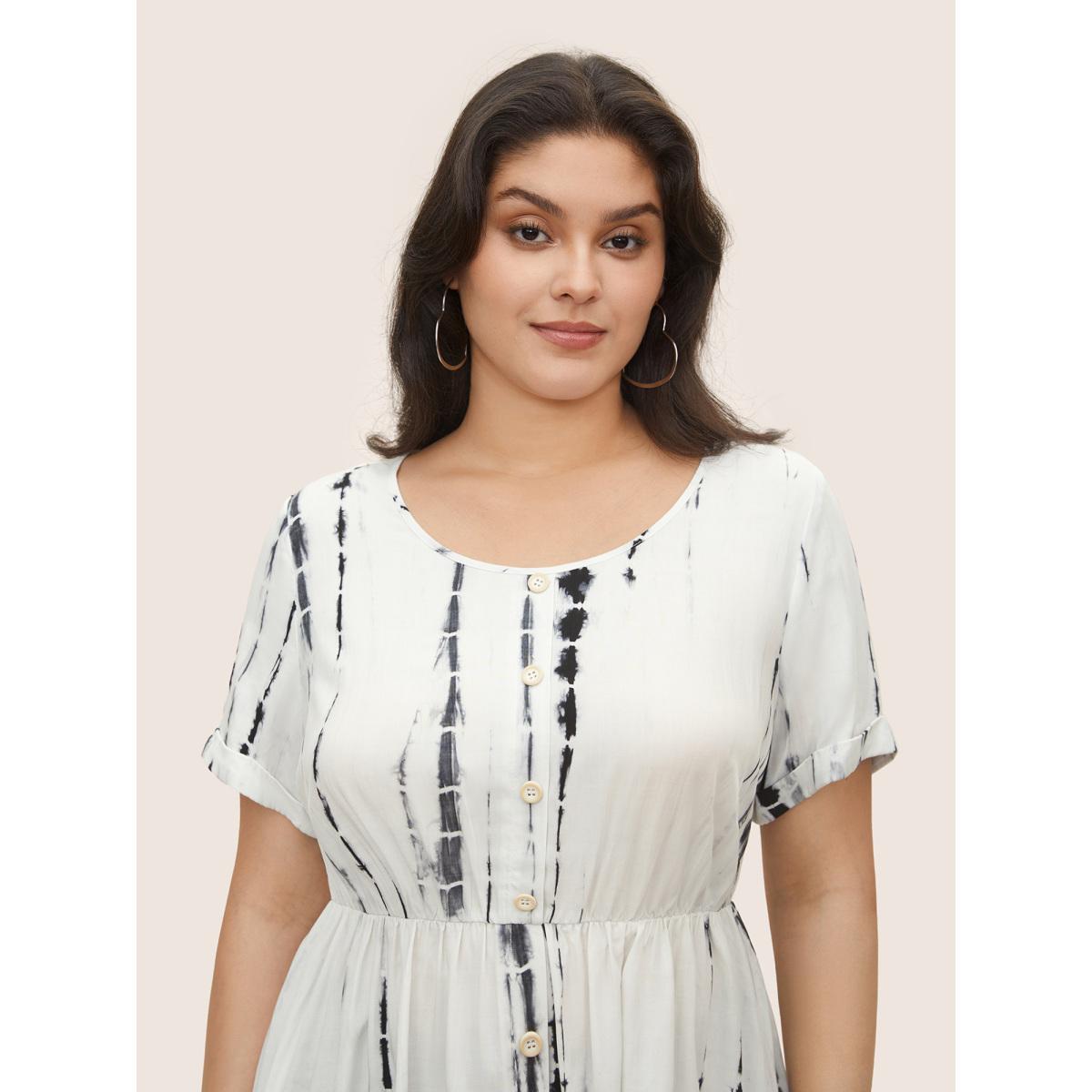 Plus Size Black Round Neck Tie Dye Button Detail Blouse Women Casual Short sleeve Round Neck Everyday Blouses BloomChic 14-16/1X Product Image