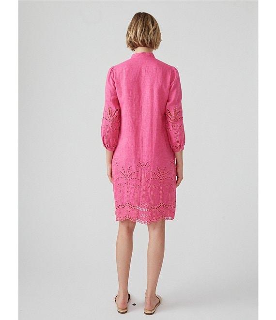 J.McLaughlin Woven Eyelet Split V-Neck 3/4 Sleeve Dress Product Image