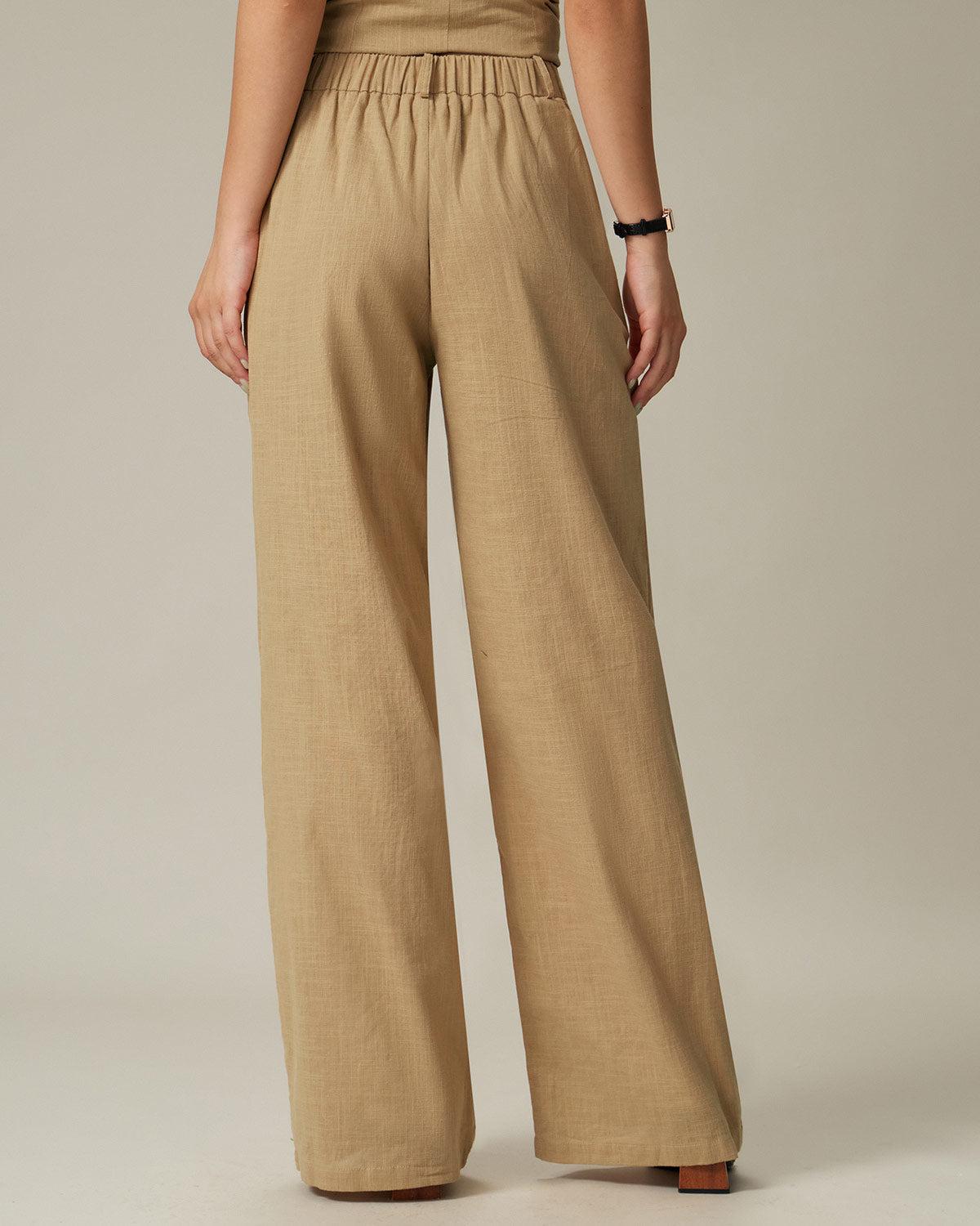 Brown Elastic Waist Pocket Straight Pants Product Image