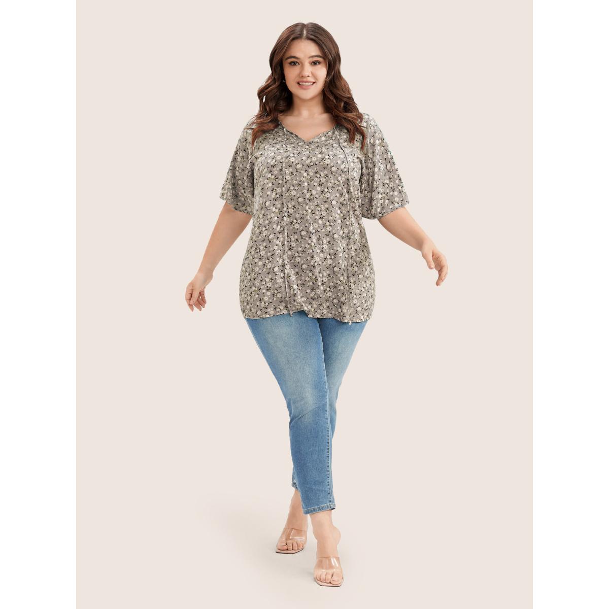 Plus Size LightBrown Ditsy Floral Ruffle Sleeve Tie Neck Blouse Women Elegant Short sleeve V-neck Everyday Blouses BloomChic 10/M Product Image