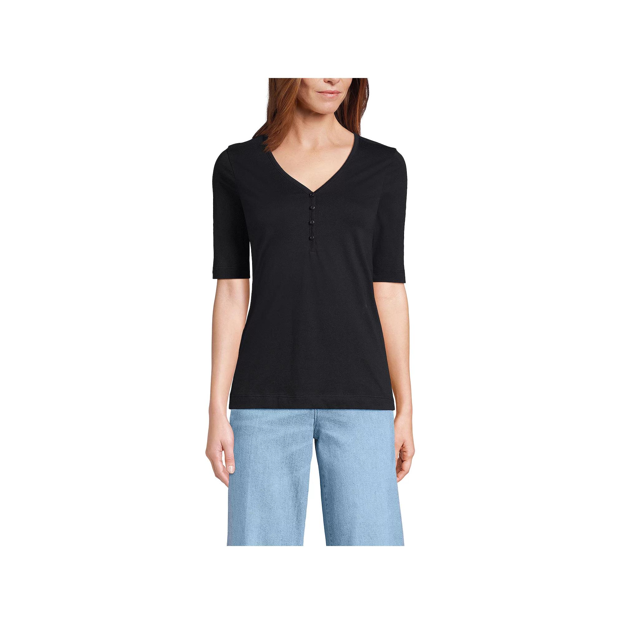 Women's Lands' End Supima Elbow Sleeve V-Neck Henley Top,  Product Image