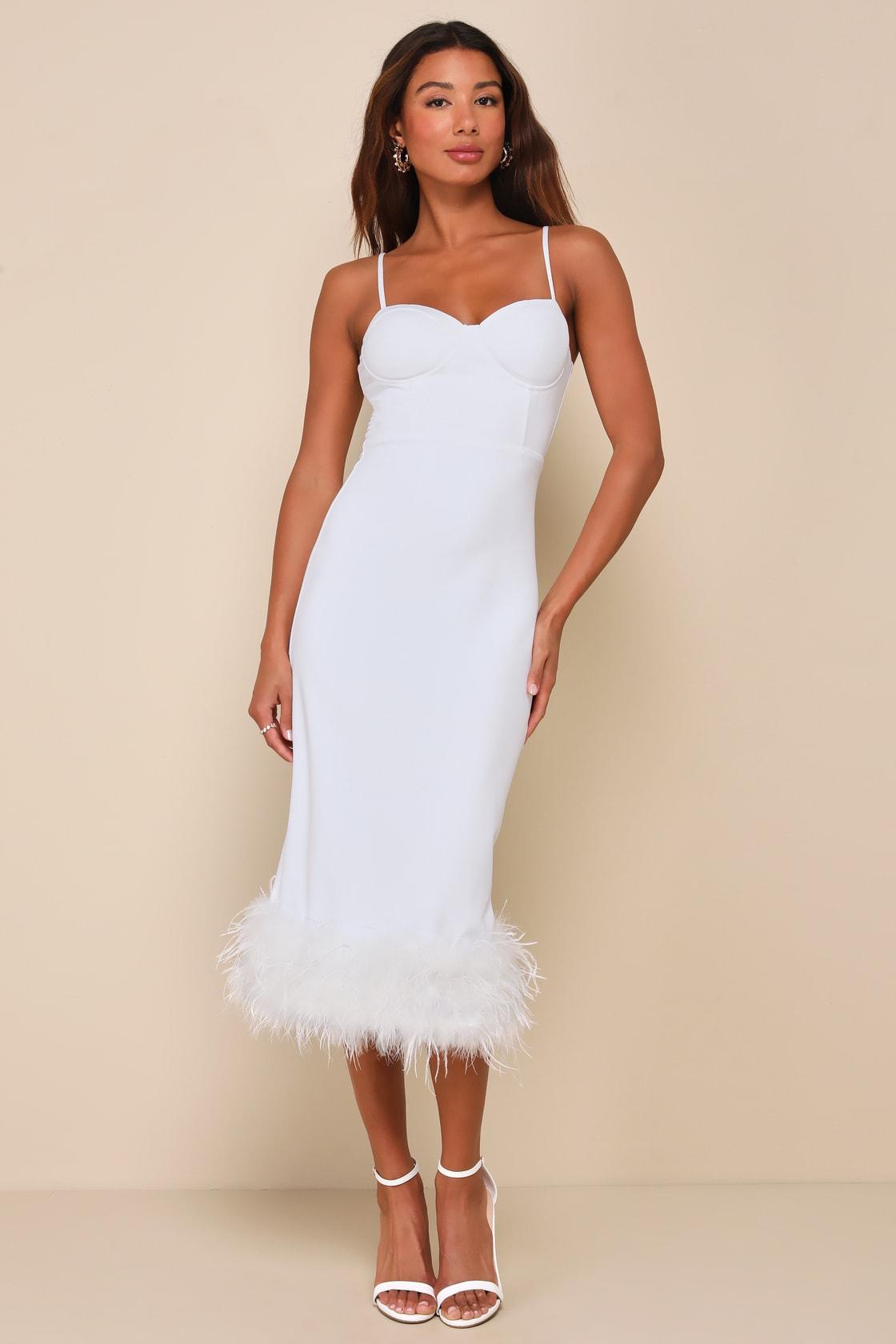 Passion for Glamour White Sleeveless Bustier Feather Midi Dress Product Image