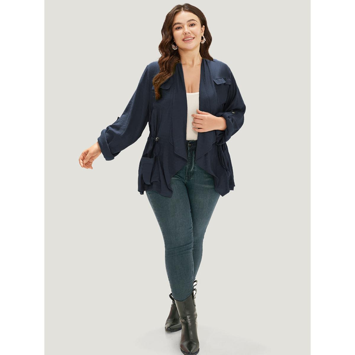 Plus Size Supersoft Essentials Plain Pocket Asymmetrical Drawstring Coat Women Indigo Plain Pocket Dailywear Jackets BloomChic 10/M Product Image
