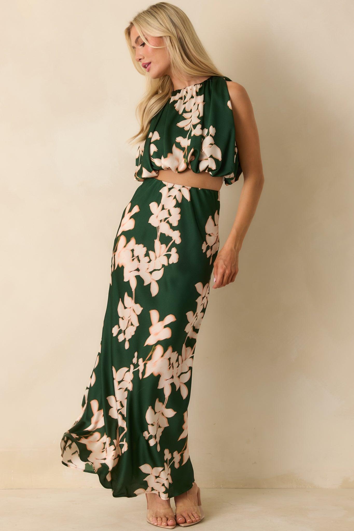 MINKPINK Vilma Green Floral Rouched Crop Top L / Green Product Image