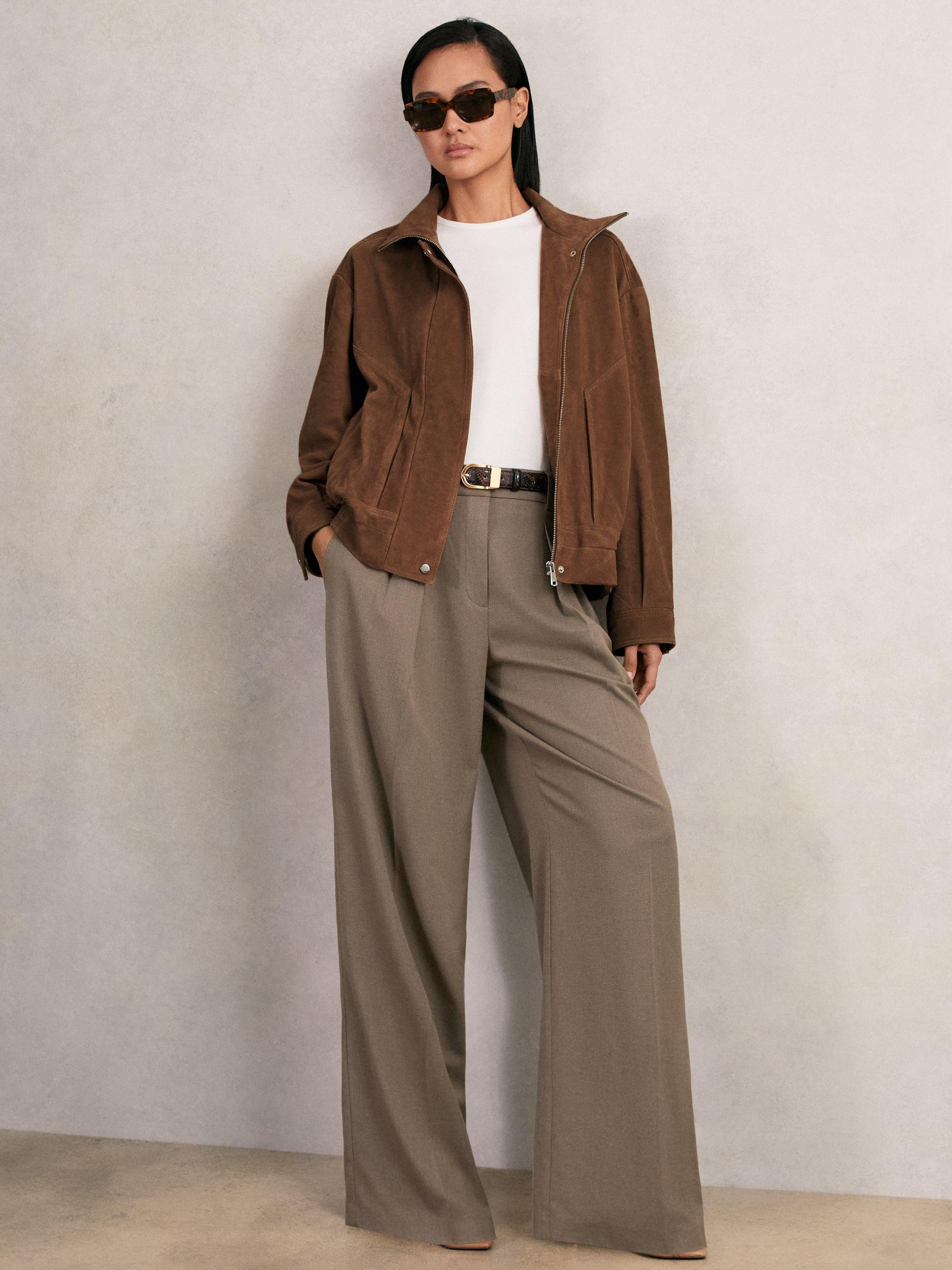 Suede Funnel-Neck Bomber Jacket in Tan Product Image