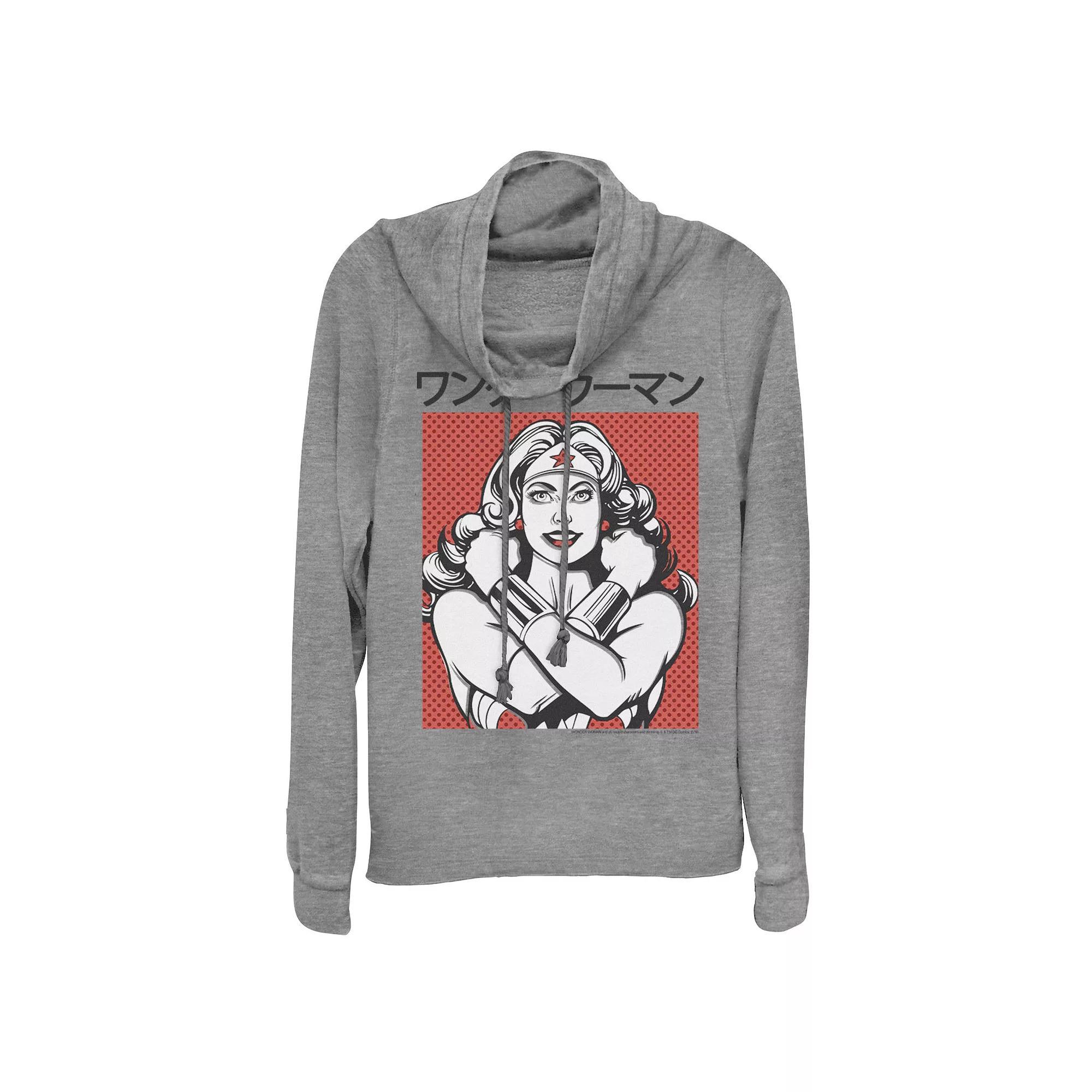 Juniors' DC Comics Wonder Woman Dotted Kanji Portrait Cowlneck Graphic Lightweight Long Sleeve, Girl's,  Product Image