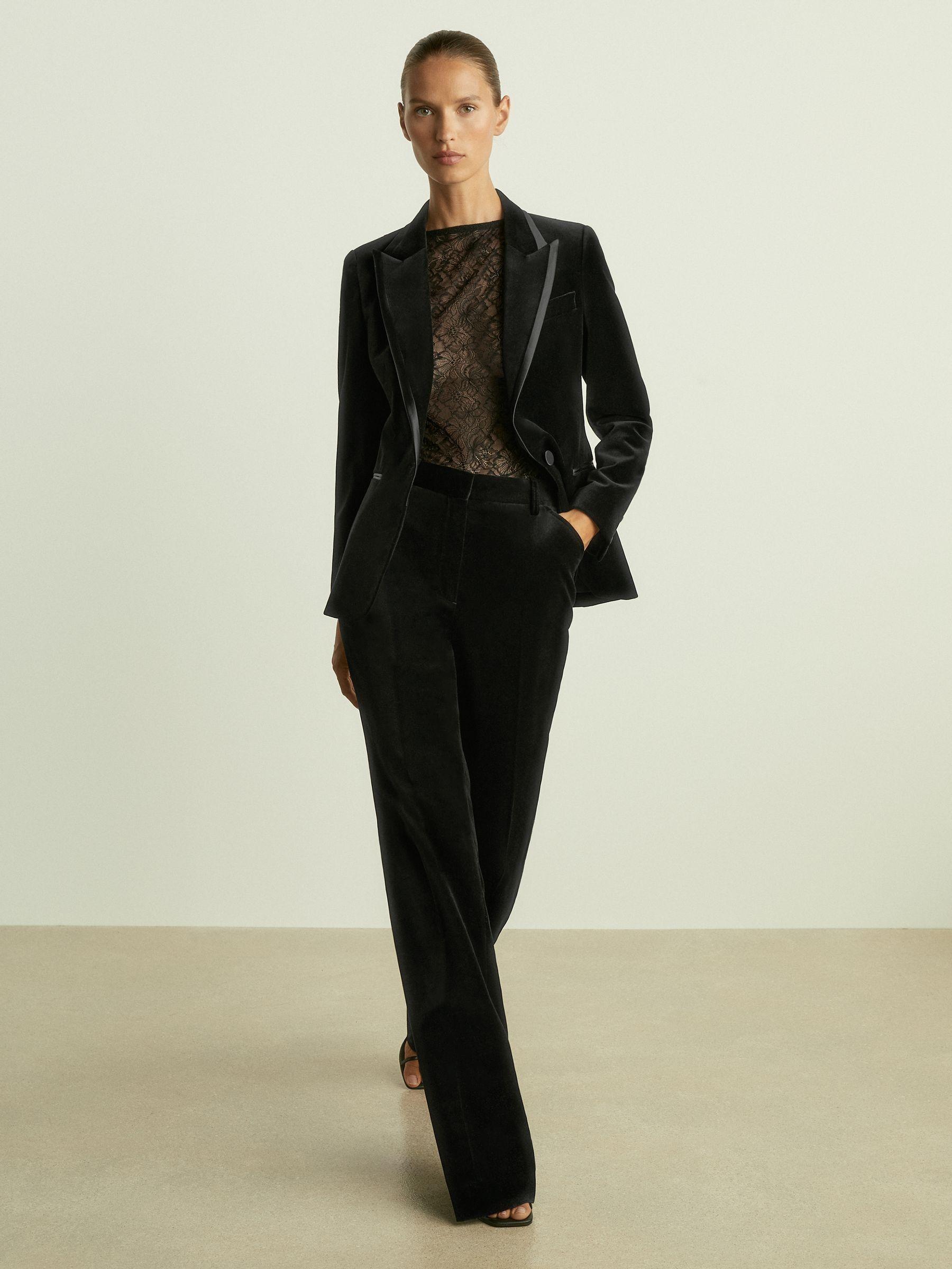 Petite Velvet and Satin Single Breasted Suit Jacket in Black Product Image