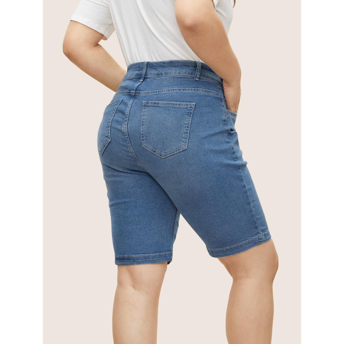 Plus Size Very Stretchy High Rise Dark Wash Denim Shorts Women Blue Casual Plain High stretch Slanted pocket Jeans BloomChic 14/1X Product Image