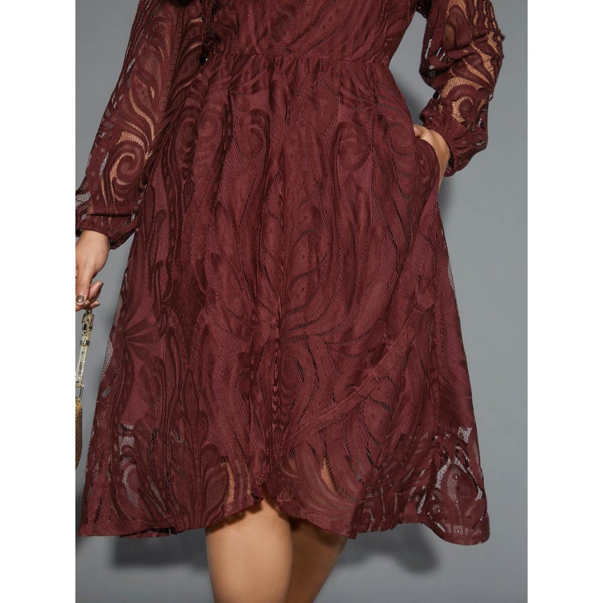 Plus Size Crochet Lace Mesh Lantern Sleeve Dress Burgundy Women Cocktail Overlapping Party Curvy Bloomchic 30/6X Product Image