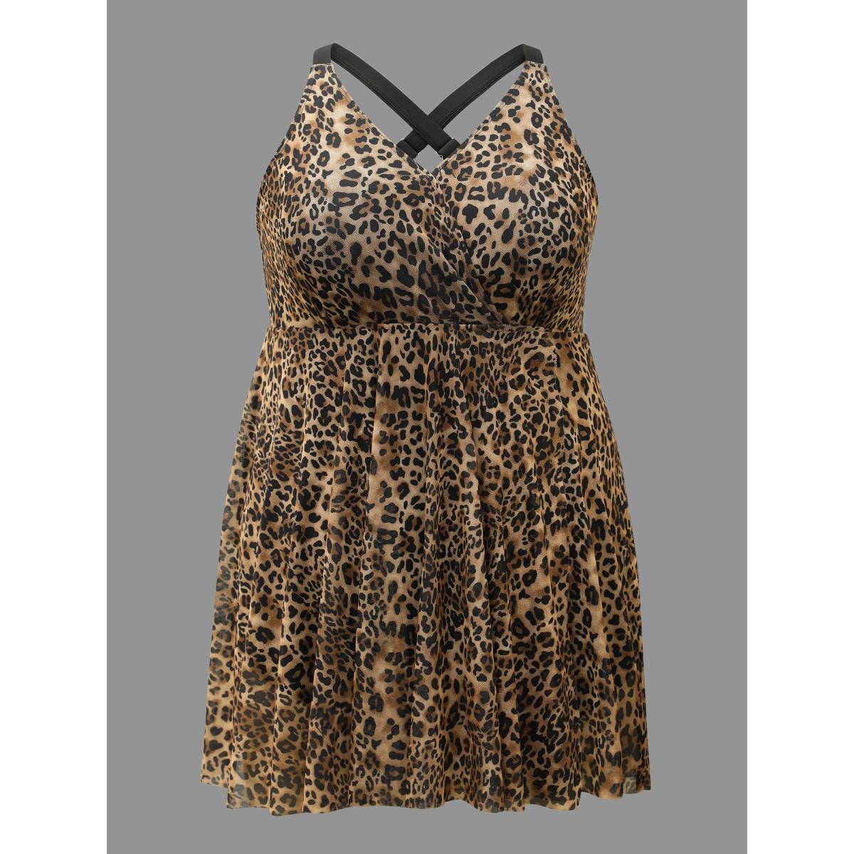 Plus Size Leopard Print Split Side Hem Swim Dress Women's Swimwear Leopard Beach Bodycon Overlap Collar High stretch Curve Swim Dresses BloomChic 26/4X Product Image