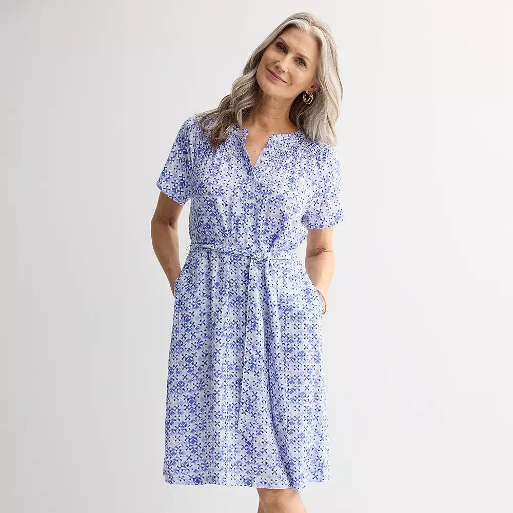 Women's Croft & Barrow® Smocked Neck Button-Front Dress, Size: Large, Deep Blue Geo Product Image