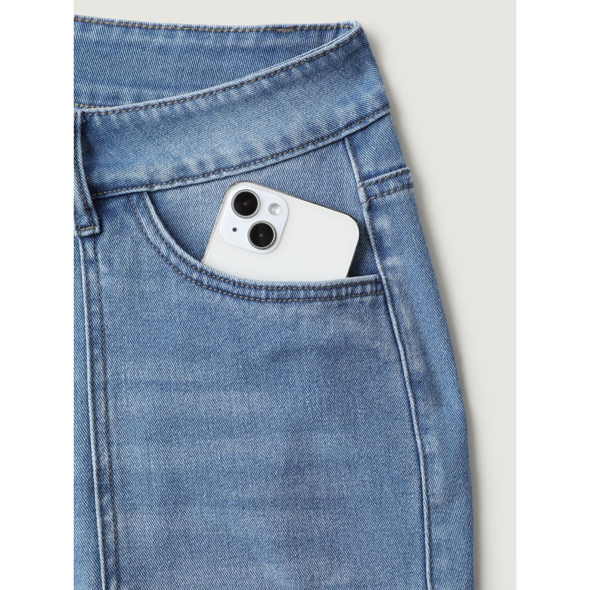 Plus Size Retro Wash Flared Hem Jeans Women Bluevintage Leisure Pocket High stretch Slanted pocket Jeans BloomChic 10/M Product Image