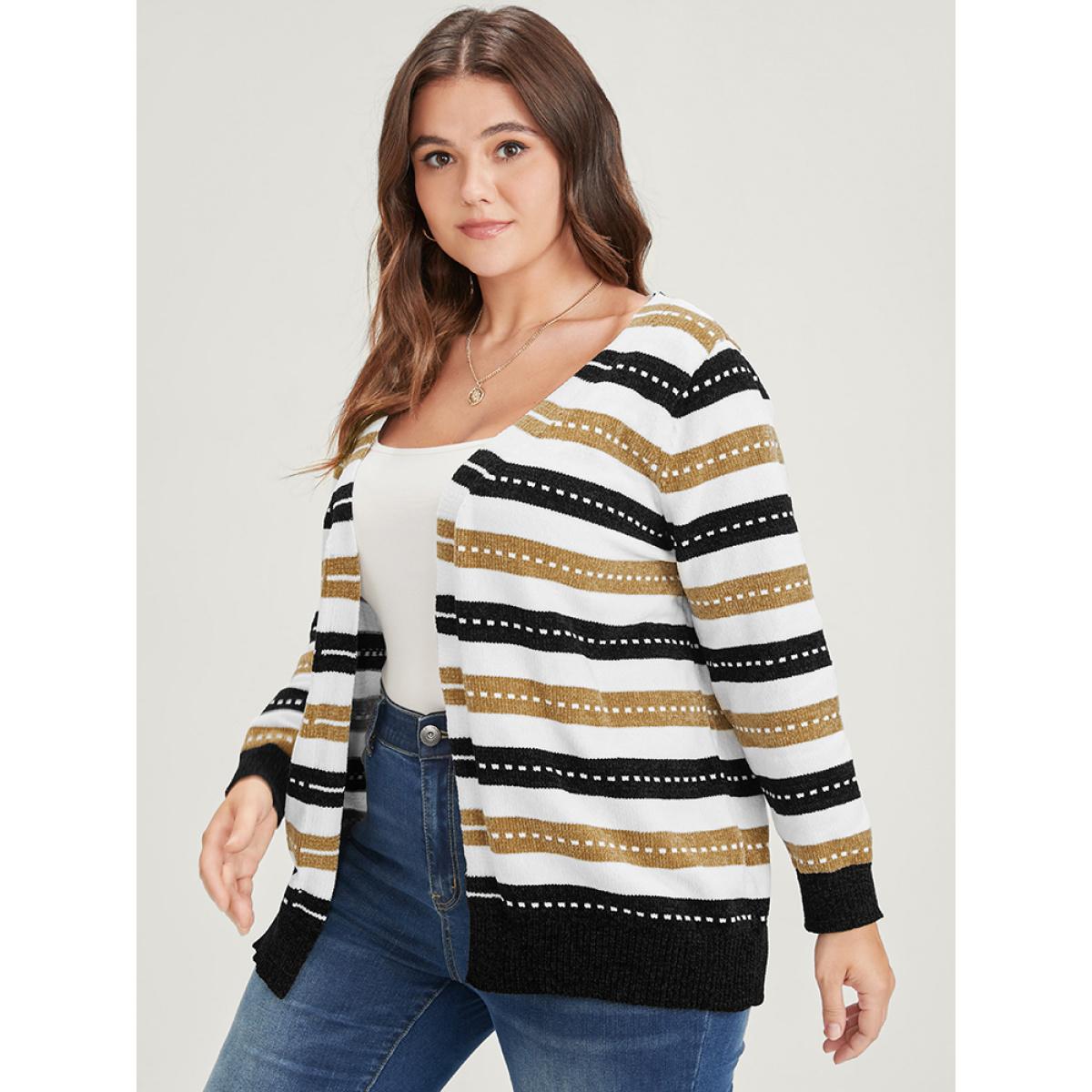 Plus Size Striped Contrast Pointelle Knit Jacquard Open Front Cardigan Multicolor Women Casual Long Sleeve Dailywear Cardigans BloomChic 18-20/2X Product Image