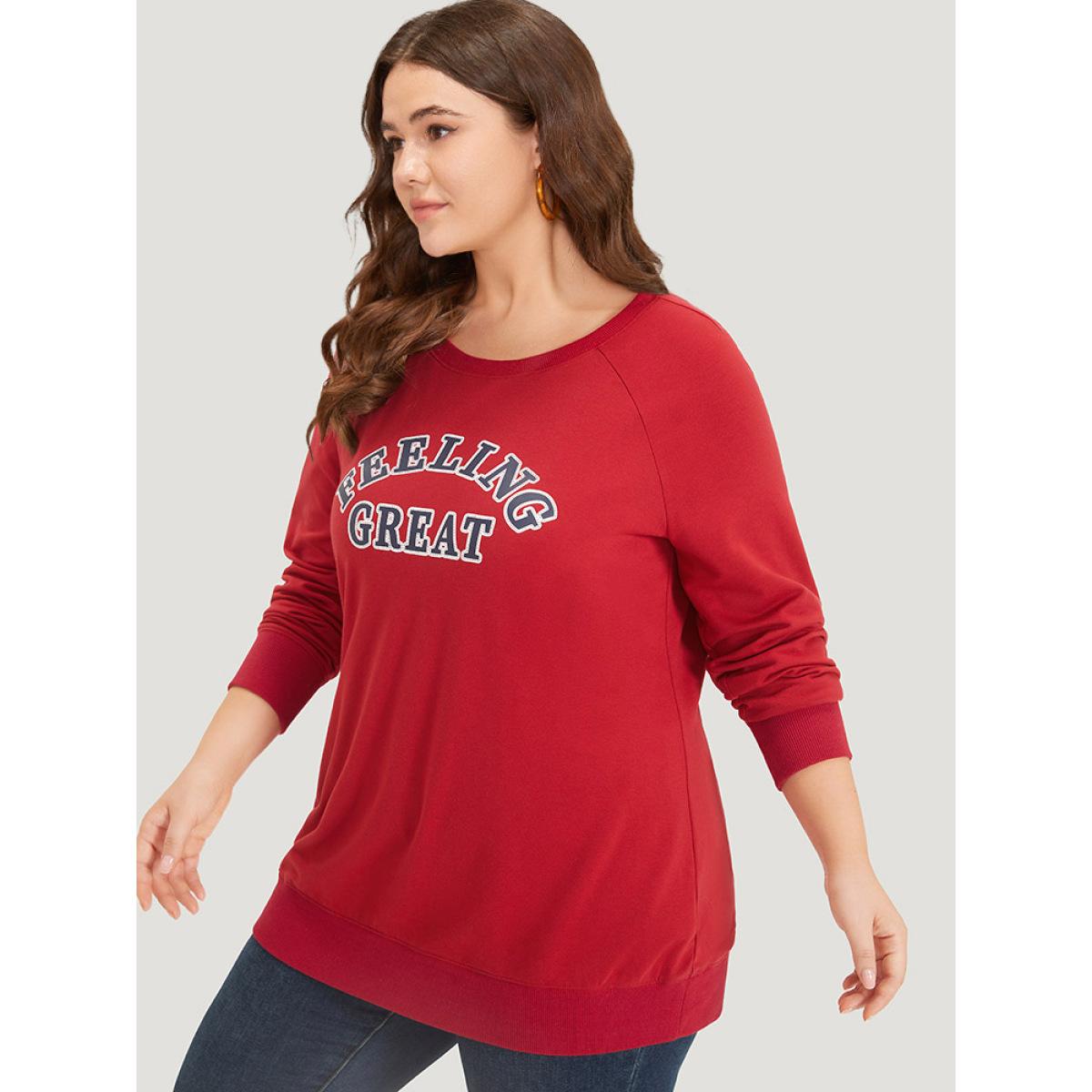 Plus Size Letter Print Round Neck Raglan Sleeve Sweatshirt Women Red Casual Elastic cuffs Everyday Sweatshirts BloomChic 10/M Product Image
