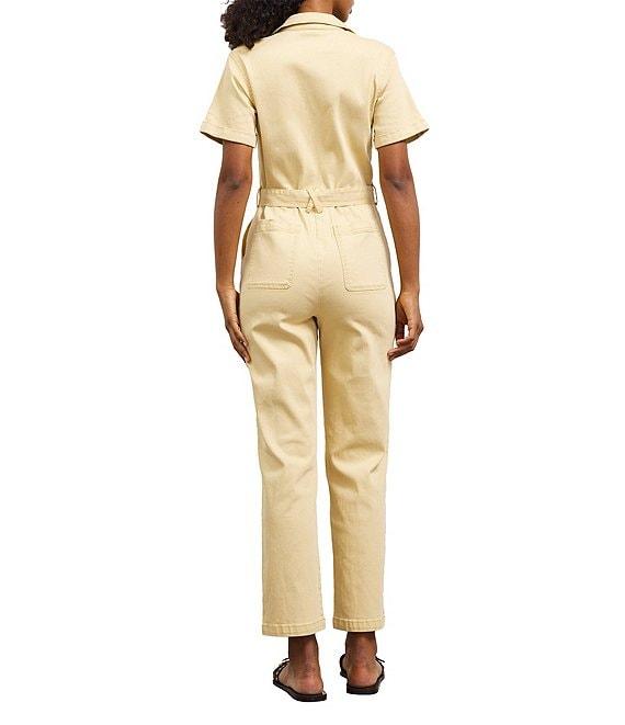 Skies Are Blue Washed Notch Collar Cuffed Short Sleeve Button Front Belted Utility Flight Suit Product Image