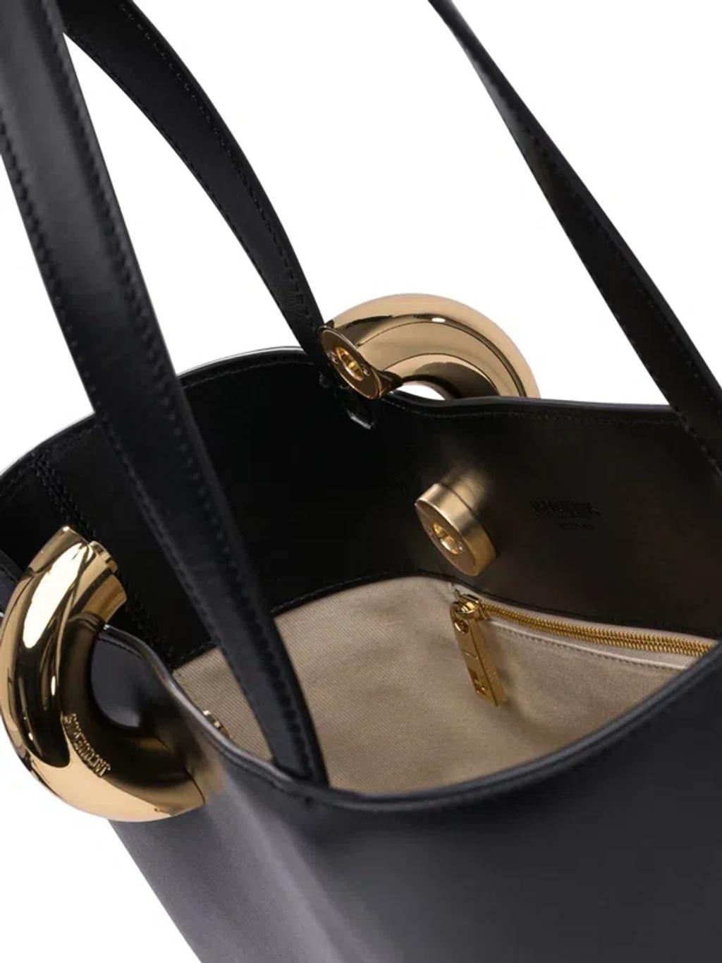 JACQUEMUS The Medium Bambola Asymmetric Leather Bucket Bag In Black 990 Product Image