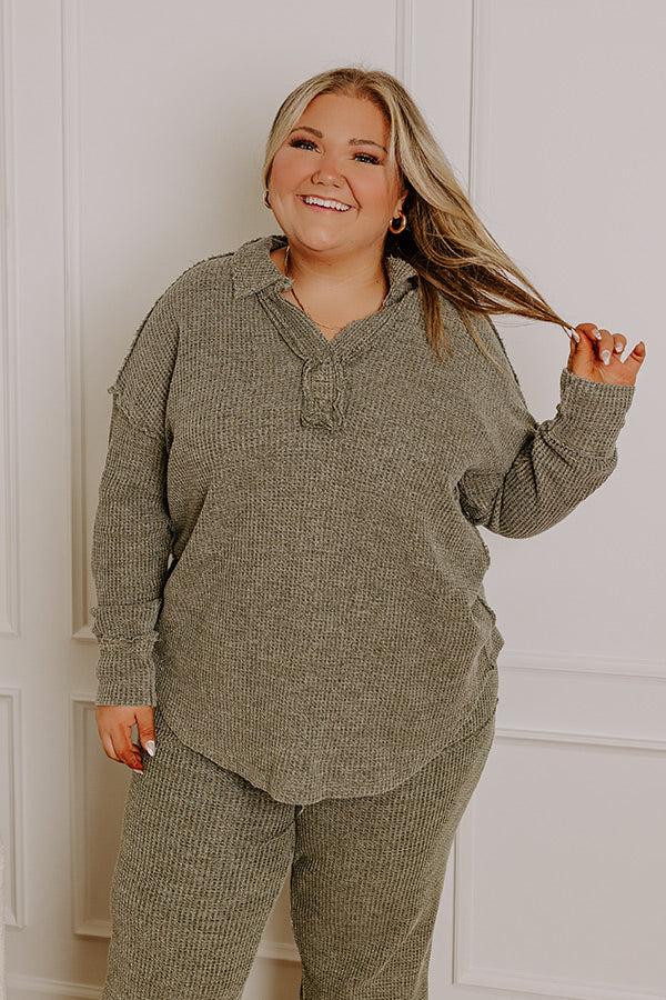 Cozy Haven Vintage Wash Knit Top in Olive Curves Product Image