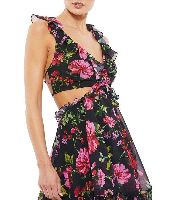 Mac Duggal Floral Chiffon V-Neck Lace-Up Open Back Ruffle Mini Dress Product Image